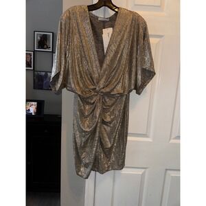 Karlie Metallic Twist Front Dolman Sleeve Ruched Dress Gold Size L